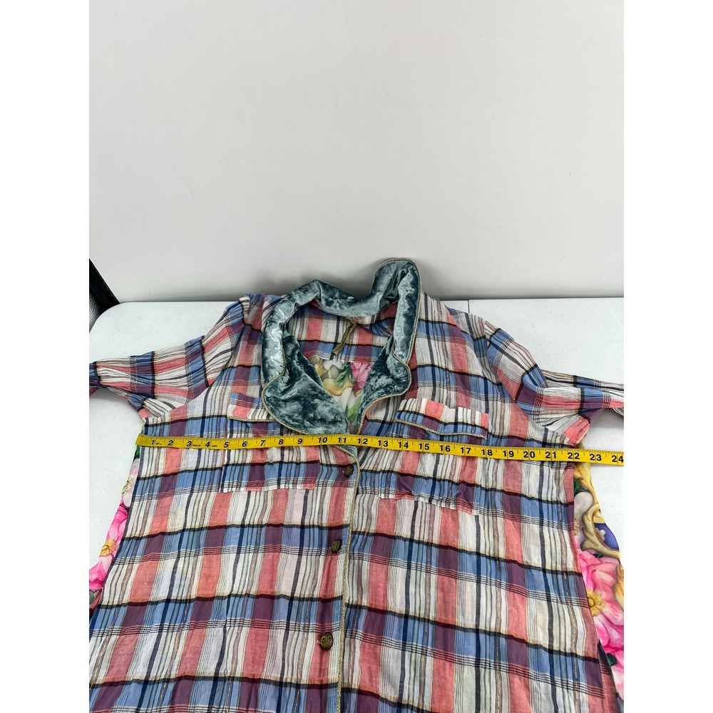 Aratta Silent Journey XL Plaid Floral Mixed Media Shirt Dress Velvet Collar - Picture 6 of 13